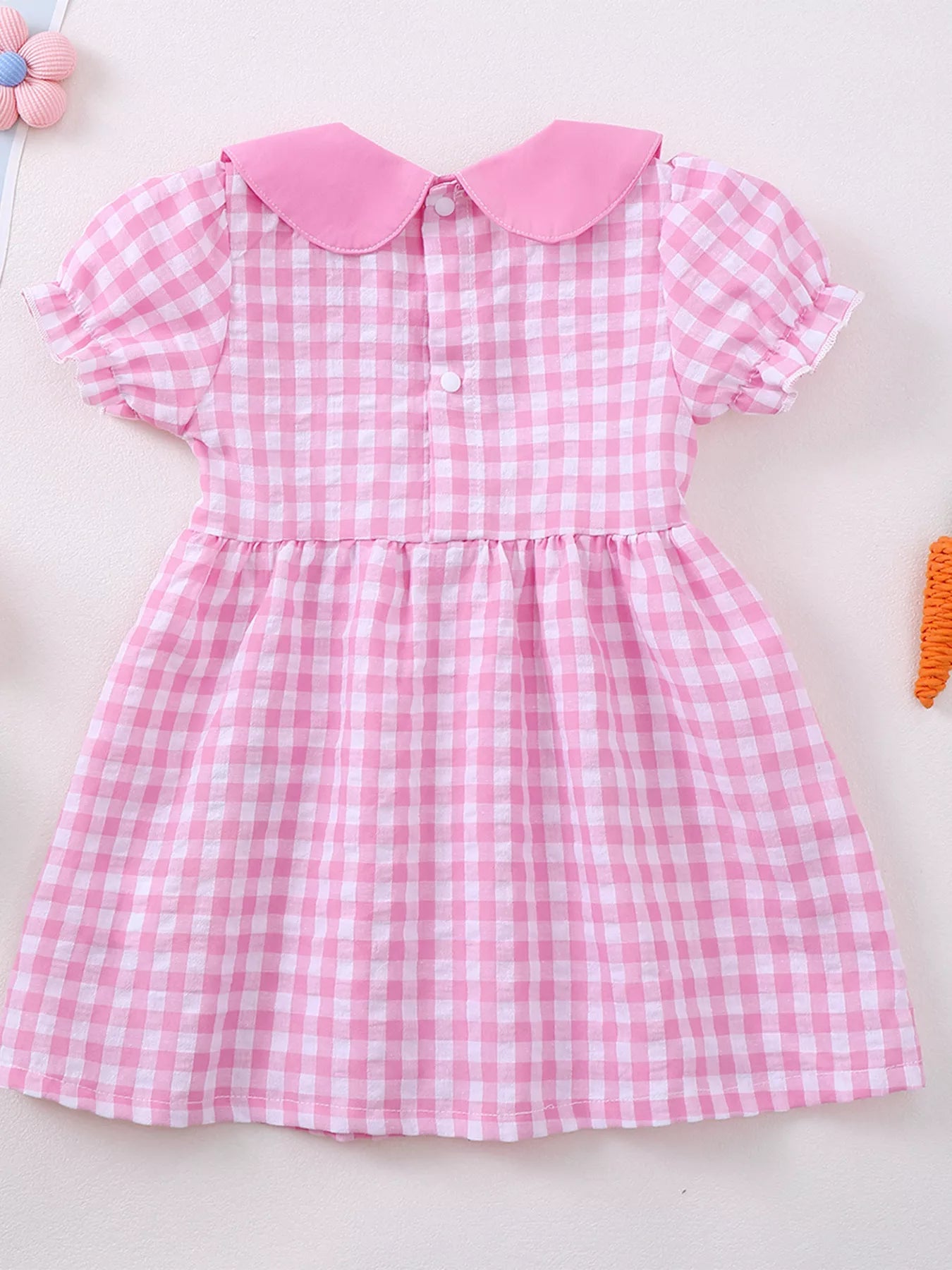 Children's Gingham Bunny & Carrot Embroidered Peter Pan Collar Smocked Dress