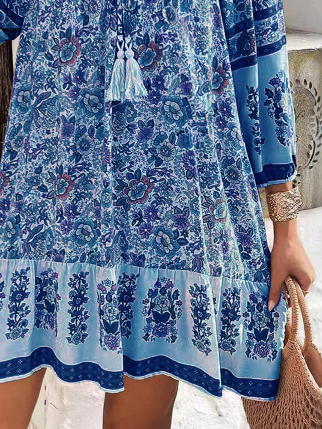Floral Print Tassel Tie Neck Mini Dress