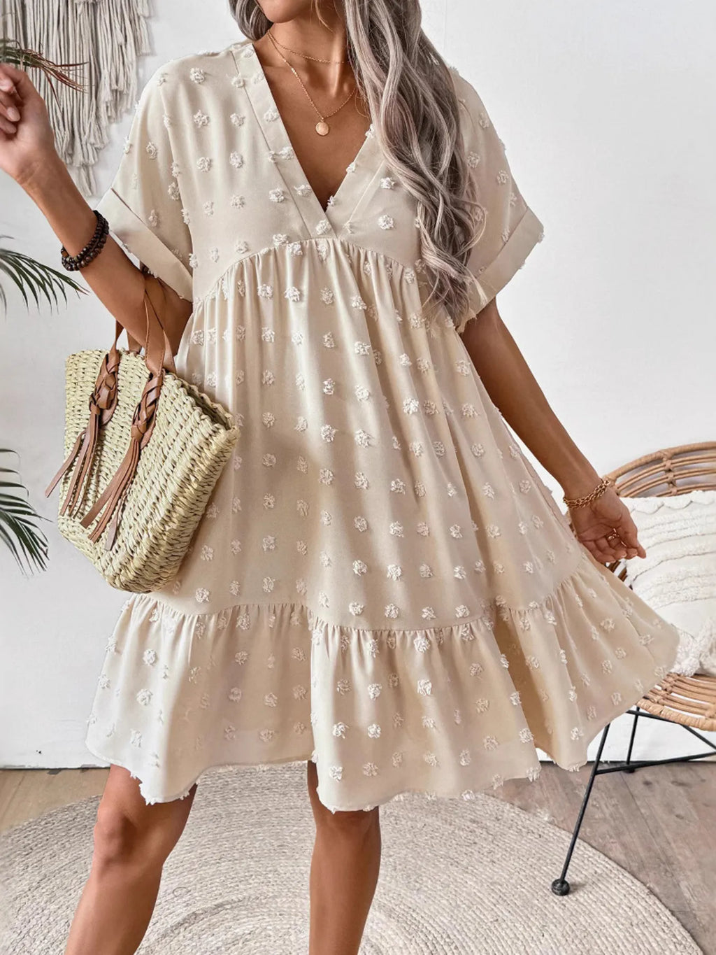 Ruffled Hem Swiss Dot Mini Dress