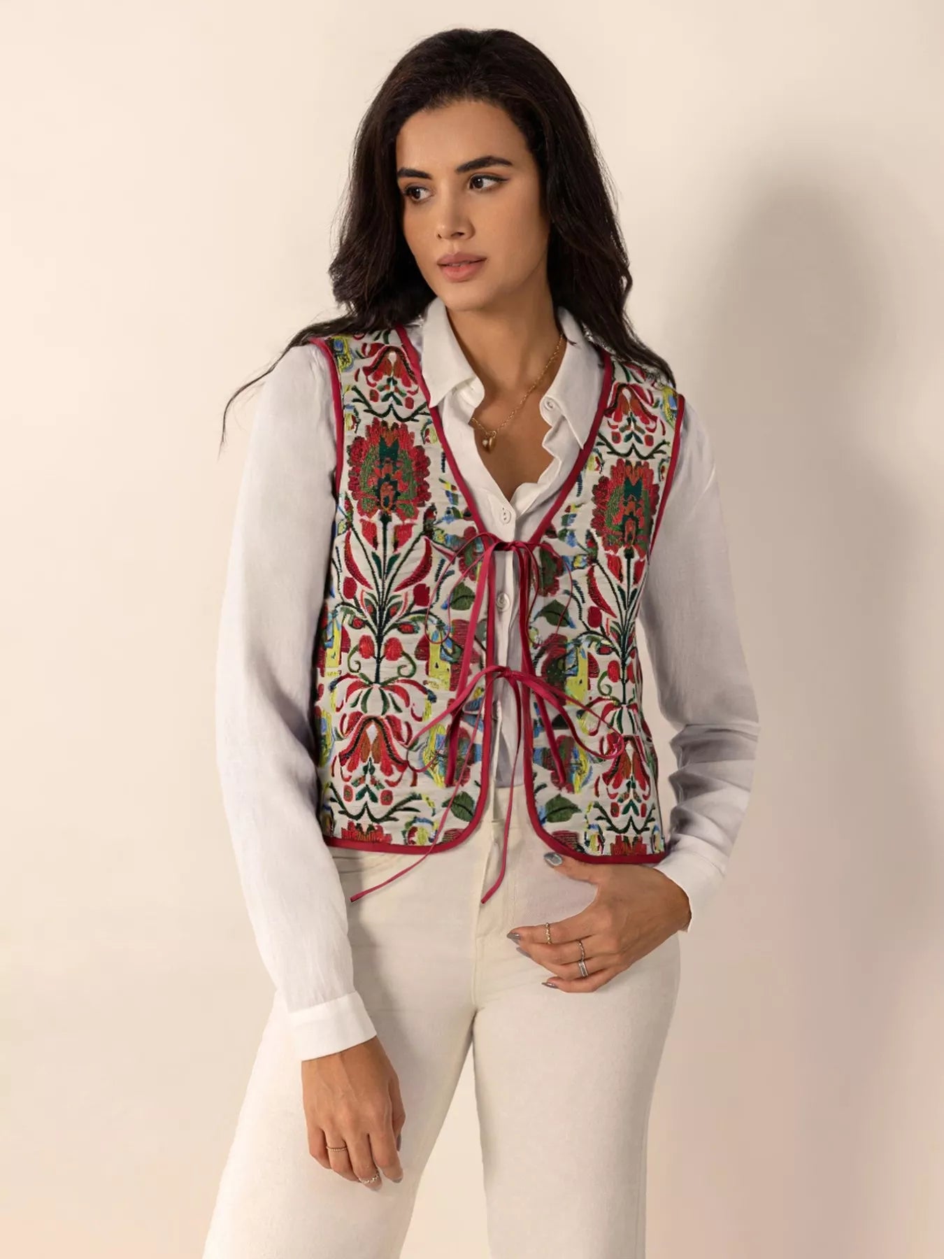 Floral Embroidered Tie-Front Vest Coat