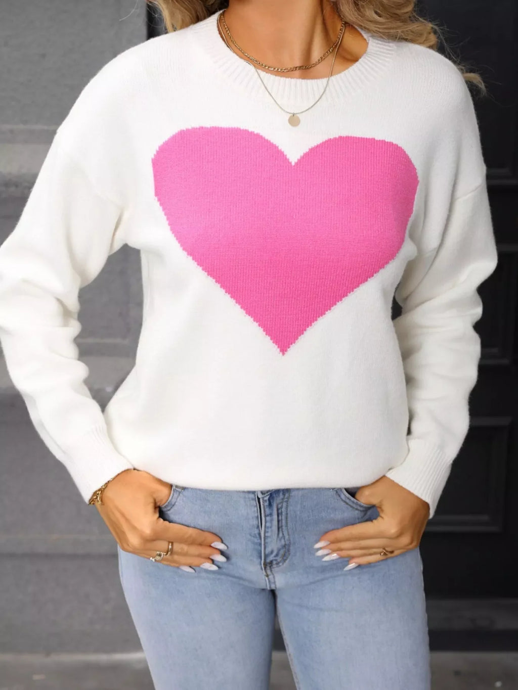 Valentine's Day Heart Round Neck Dropped Shoulder Sweater