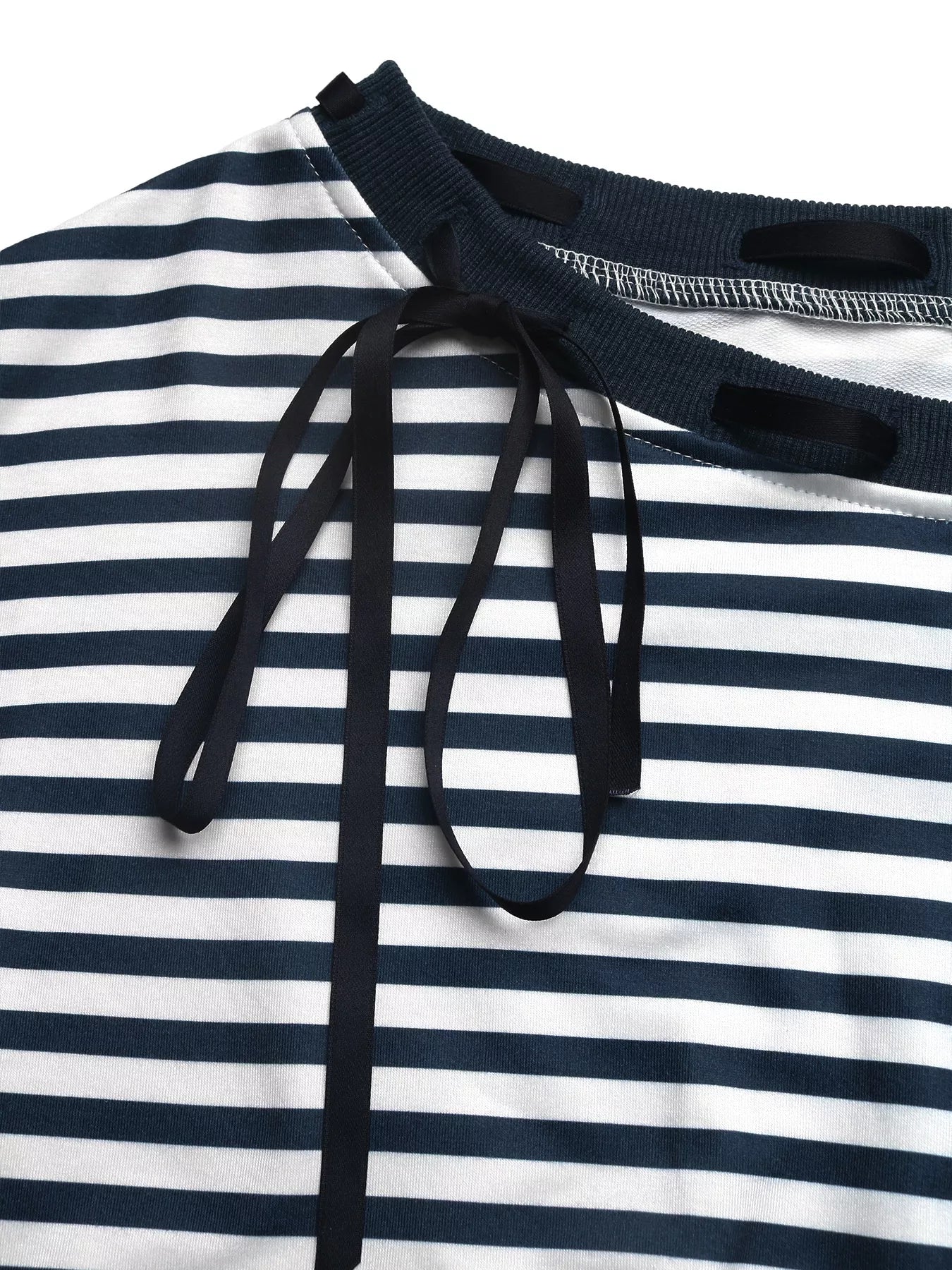 Striped Off-Shoulder Ribbon Accent Sweatshirt