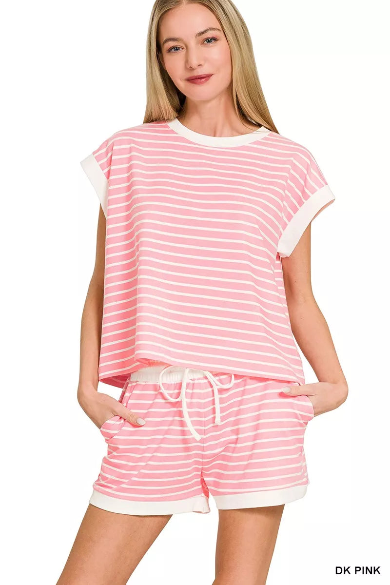 Zenana Stripe Contrast Trim Top & Shorts Set