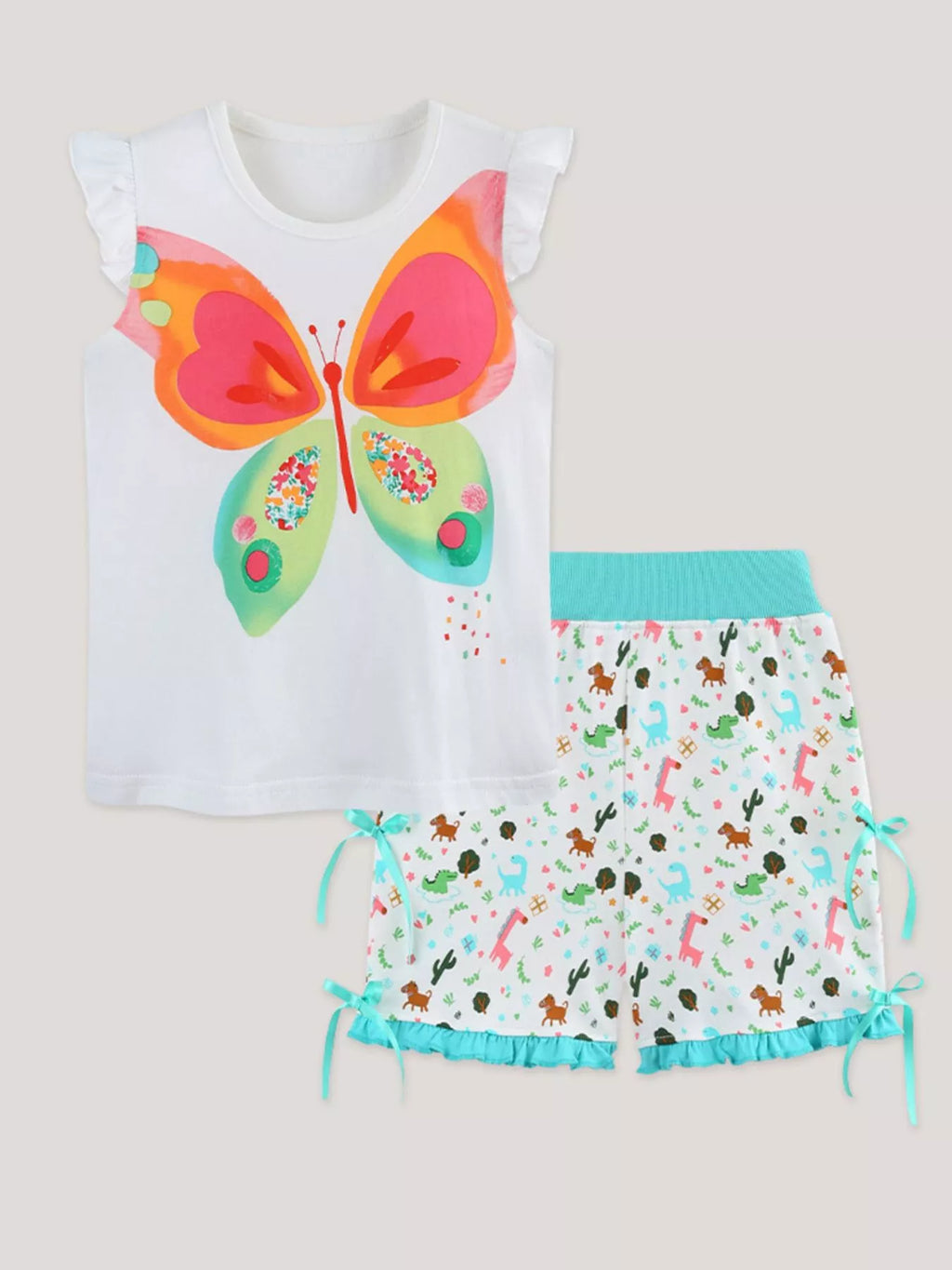 Children's Butterfly Ruffle Sleeve Top and Animal Print Shorts Set