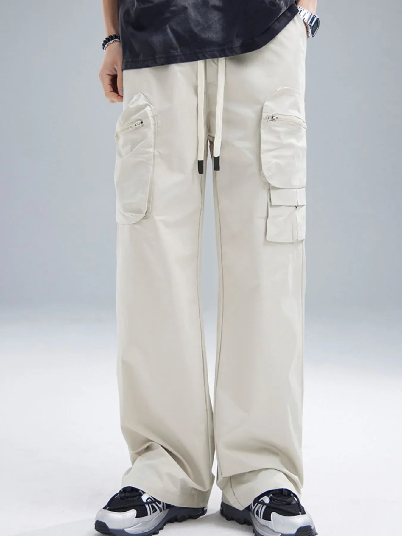 Men's Multi-Pocket Cargo Wide Leg Pants with Drawstring Waist