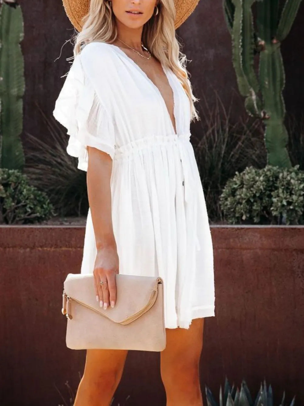 Drawstring Ruffled Half Sleeve Mini Dress