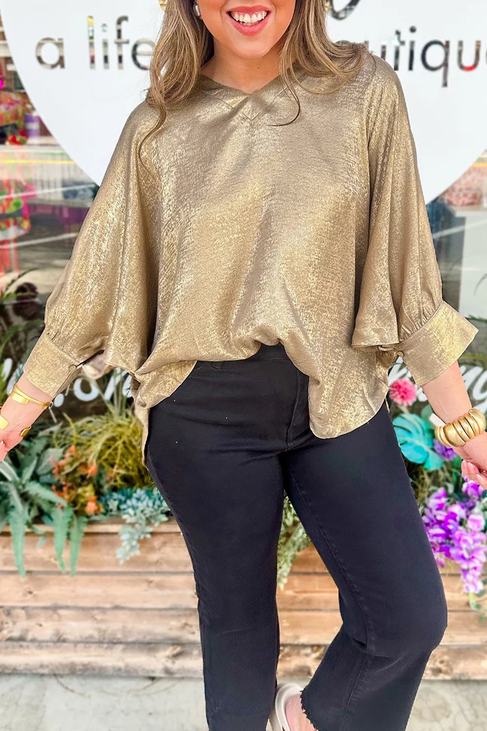 Metallic V Neck Button Cuffed Long Sleeve Dolman Blouse