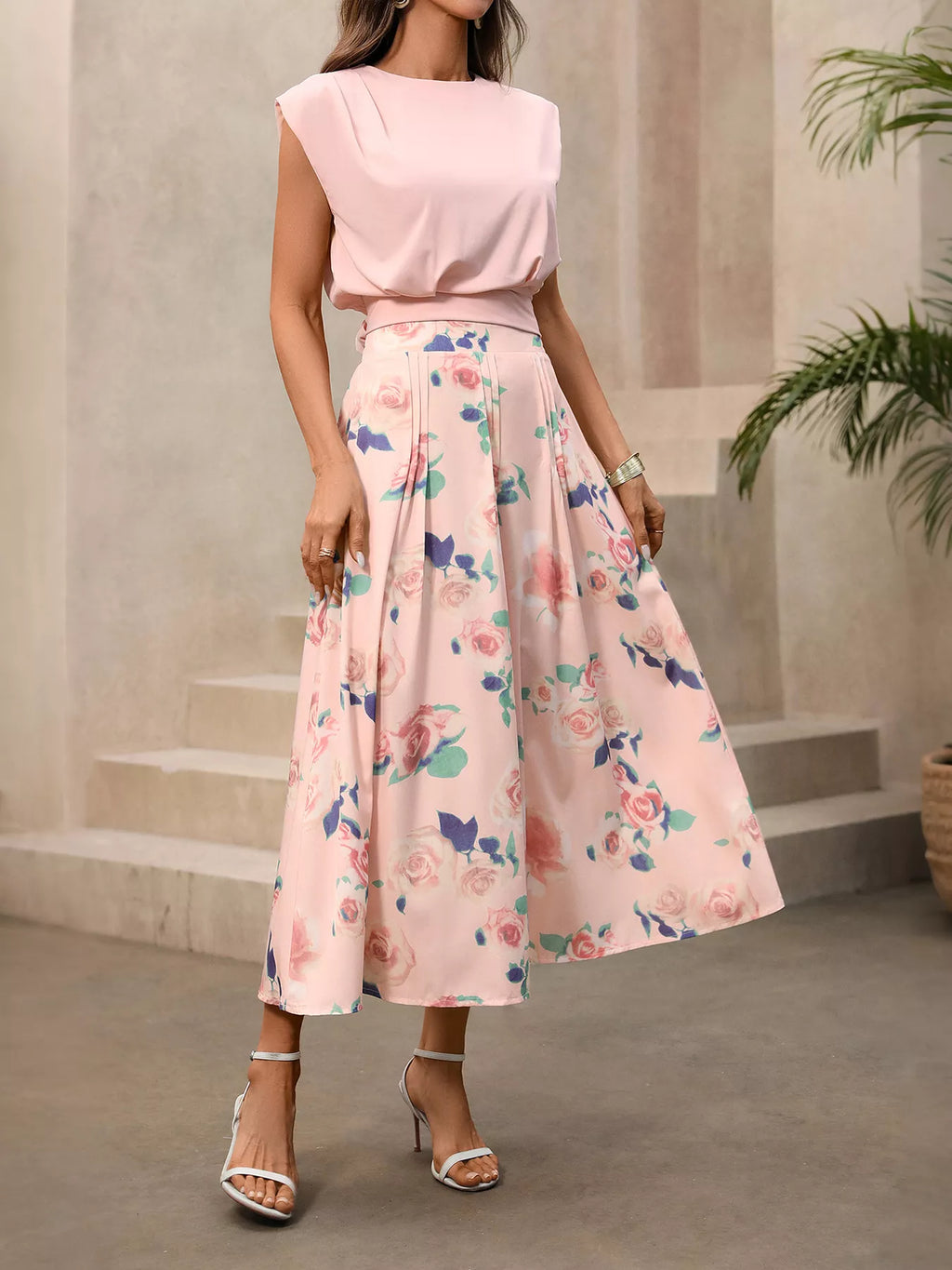 Round Neck Top and Floral Print Skirt Two-Piece Set