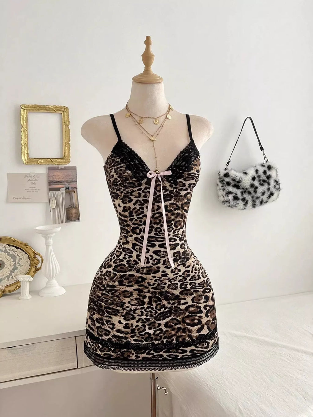 Leopard Print Lace Trim Mini Dress