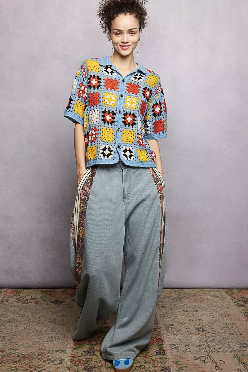 POL Crochet Short Sleeve Relaxed Fit Shirt