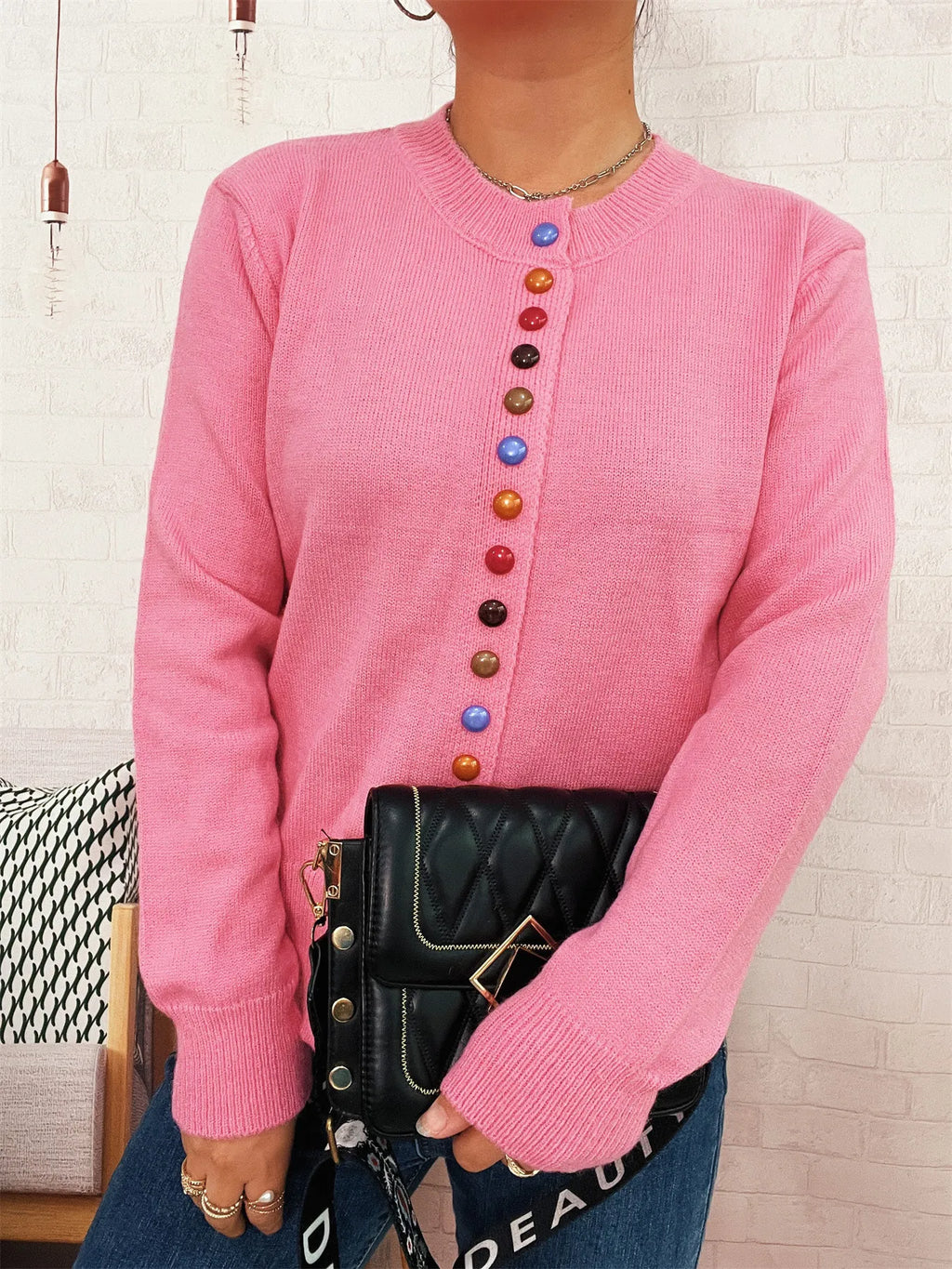 Button-Front Cardigan with Colorful Detail Buttons