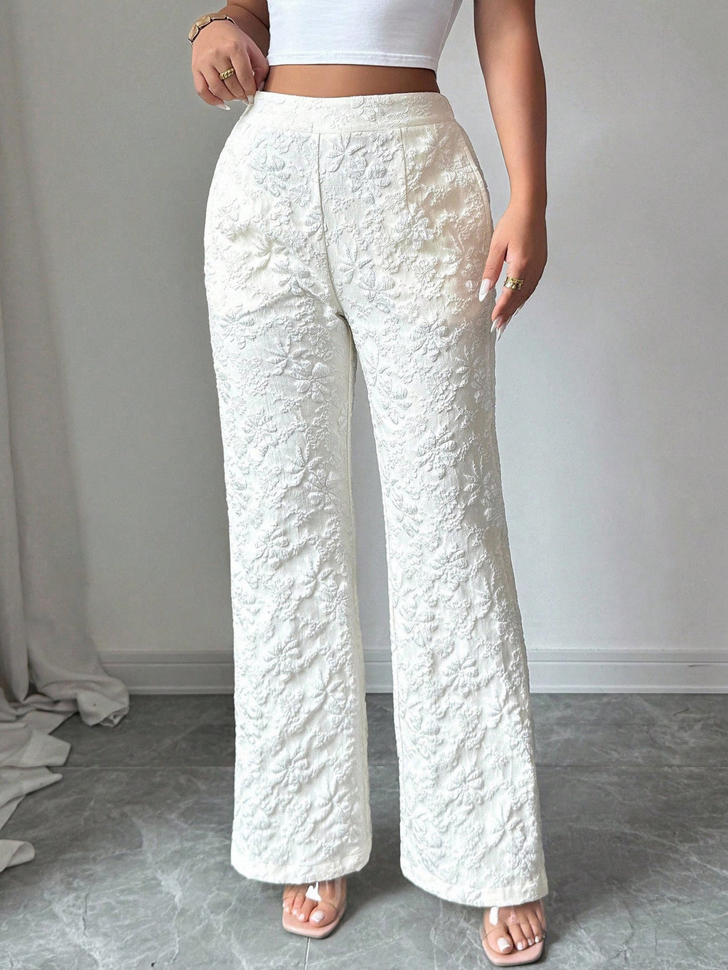 Textured High Waist Wide Leg Pants