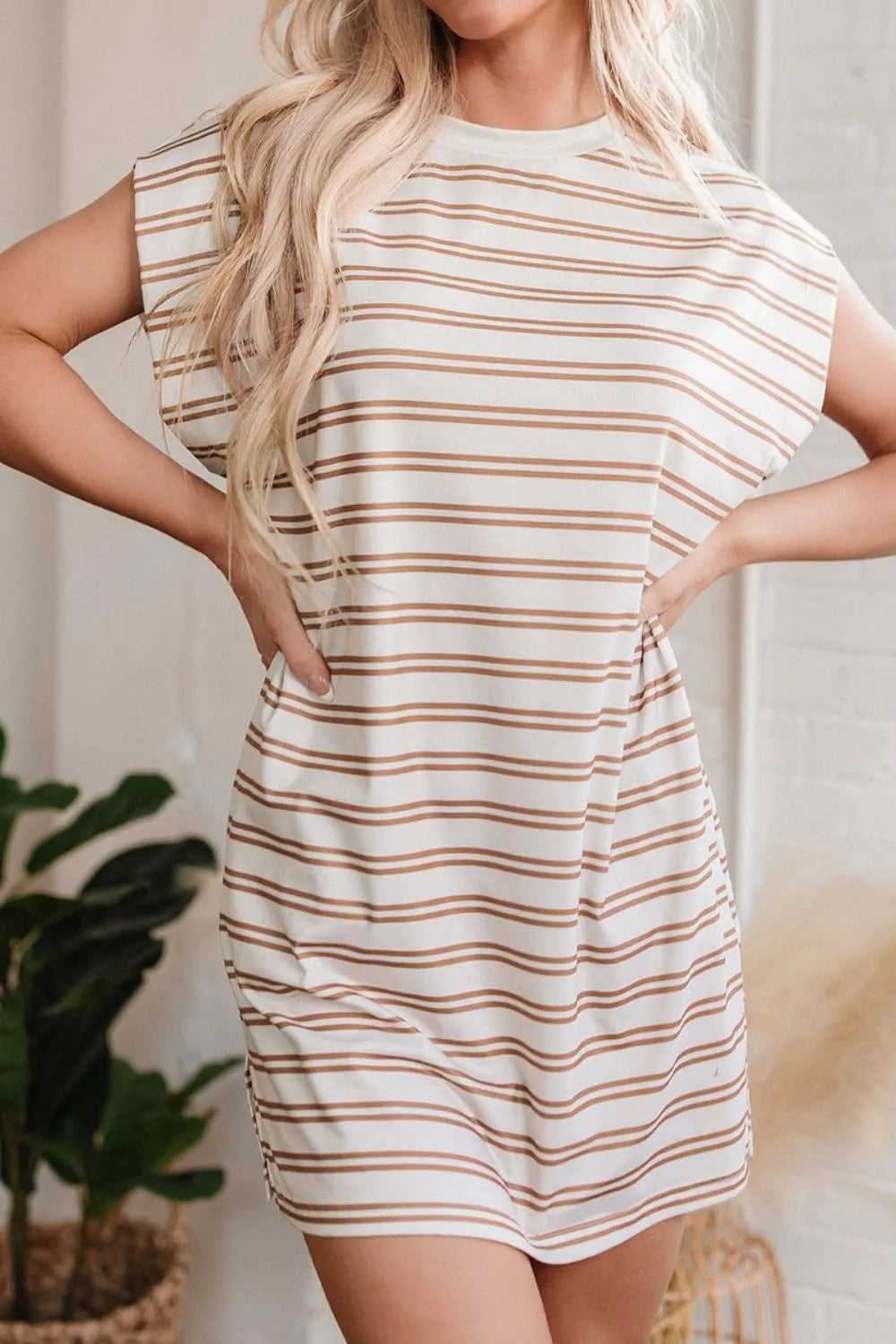Stripe Round Neck Sleeveless Pocketed Mini Dress