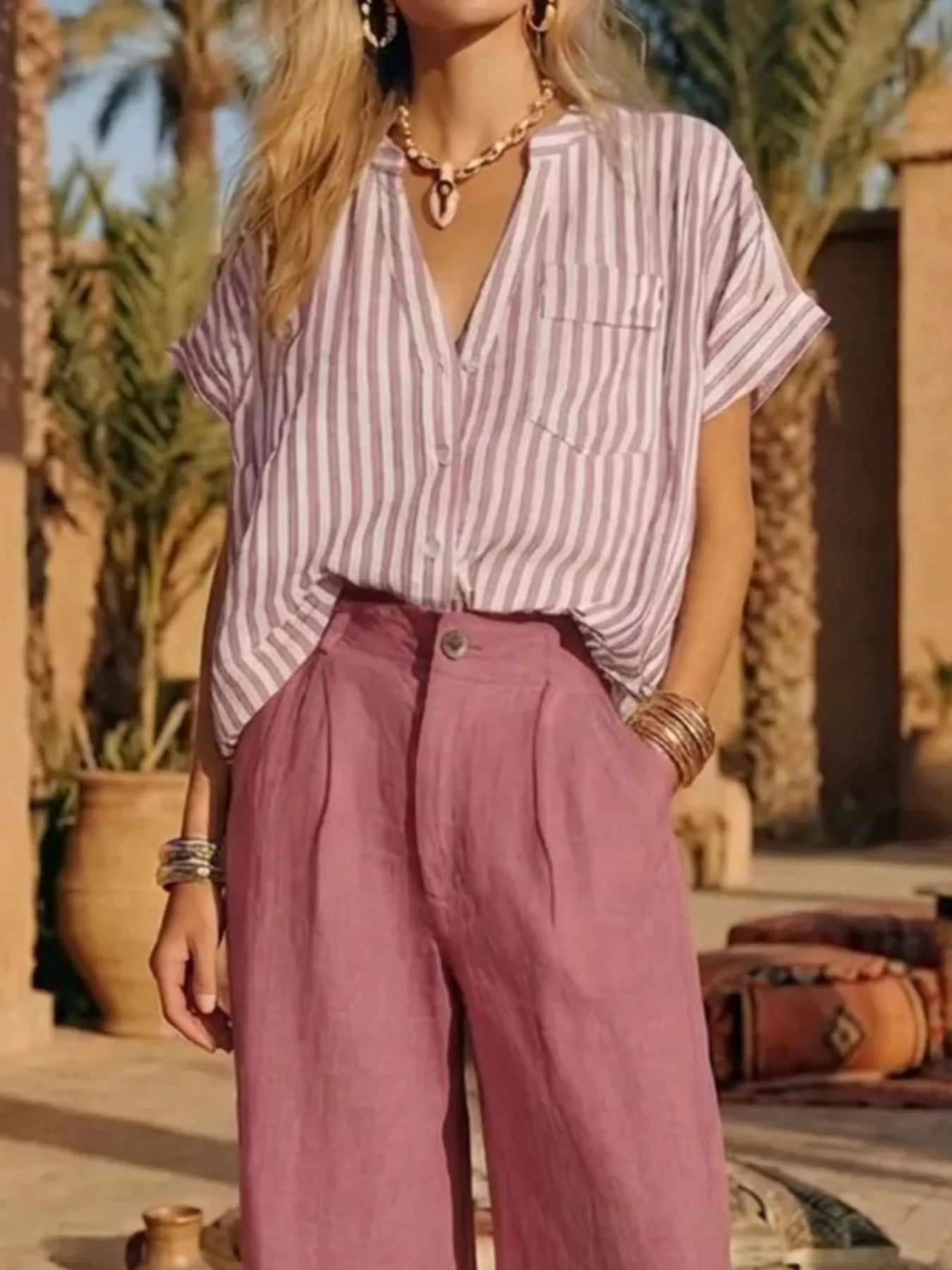 Full Size Striped Button Up Shirt and Pants Set Plus Size