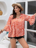 Plus Size Seashell Print Flare Sleeve Blouse