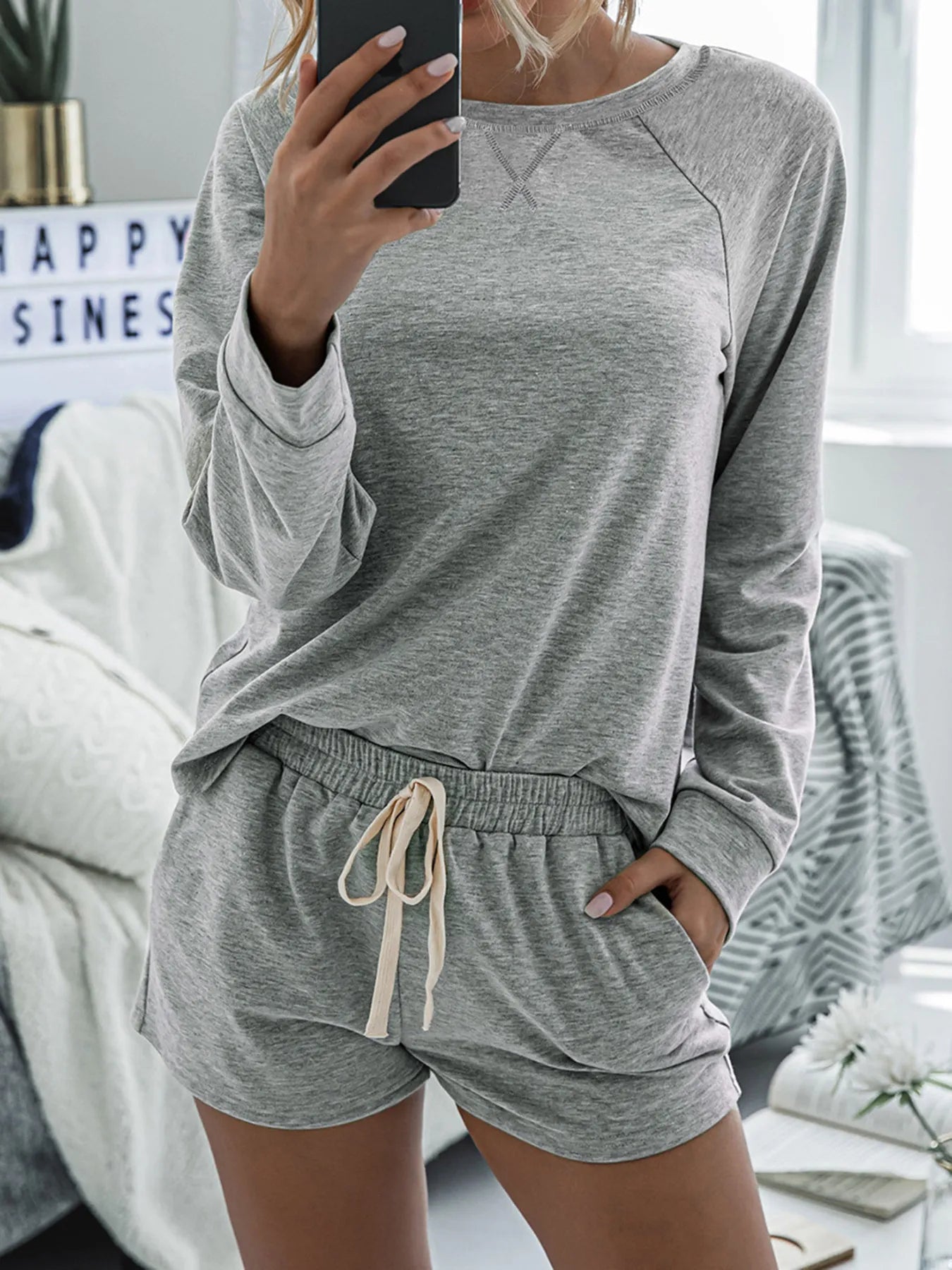 Round Neck Raglan Sleeve Top and Shorts Lounge Set