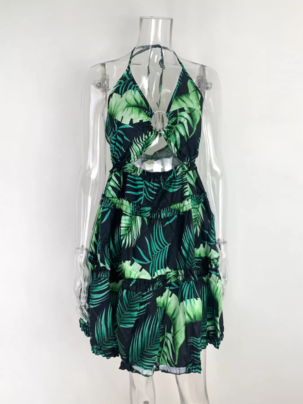 Colorful Print Halter Neck Ruffle Mini Dress