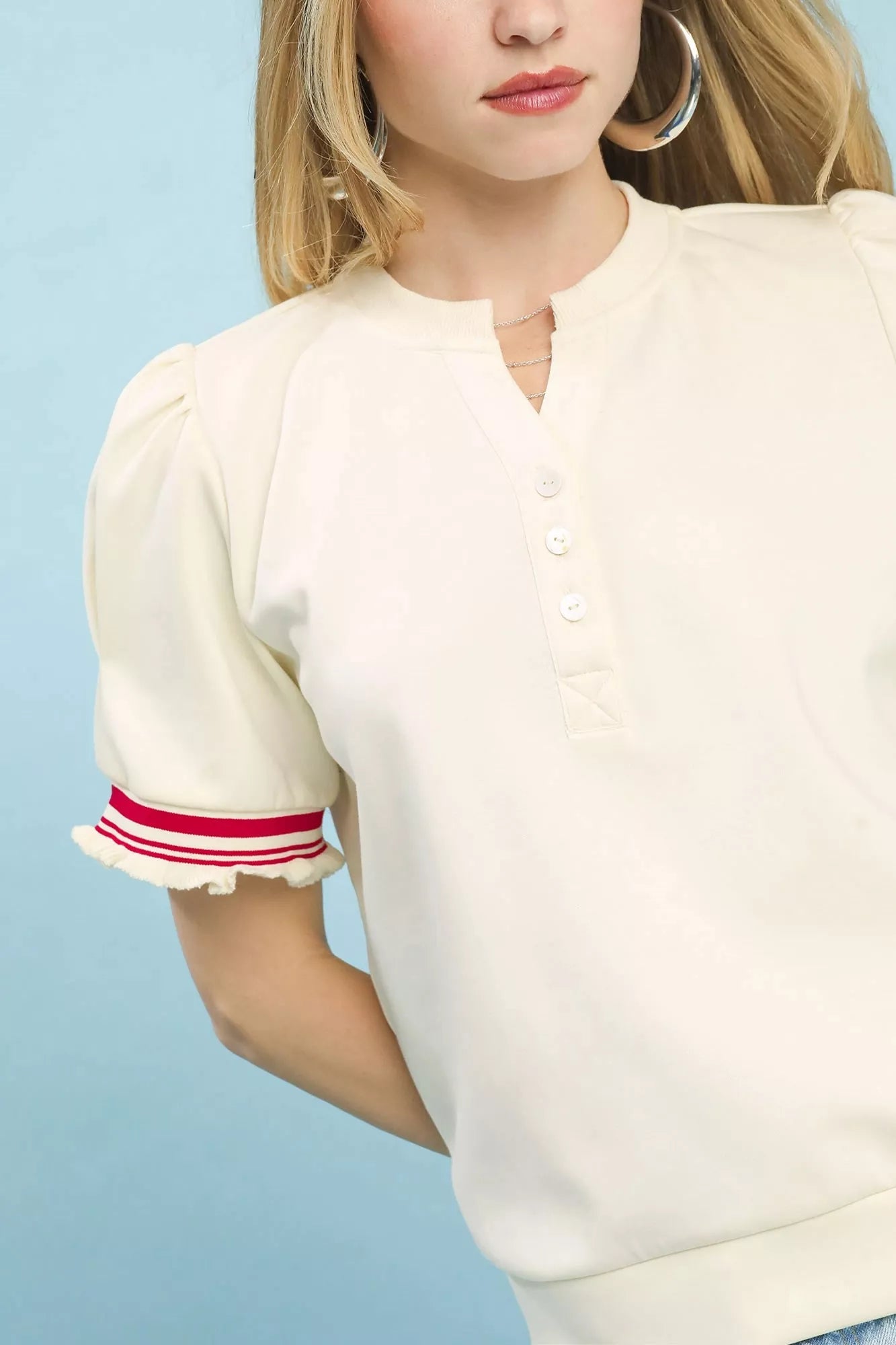 Umgee Puff Sleeve Button Front Top with Contrast Trim