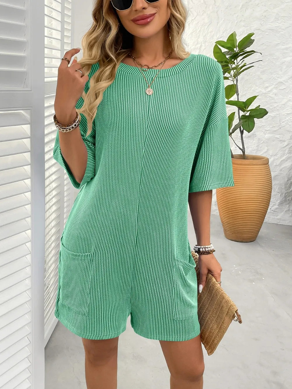 Backless Textured Round Neck Half Sleeve Romper