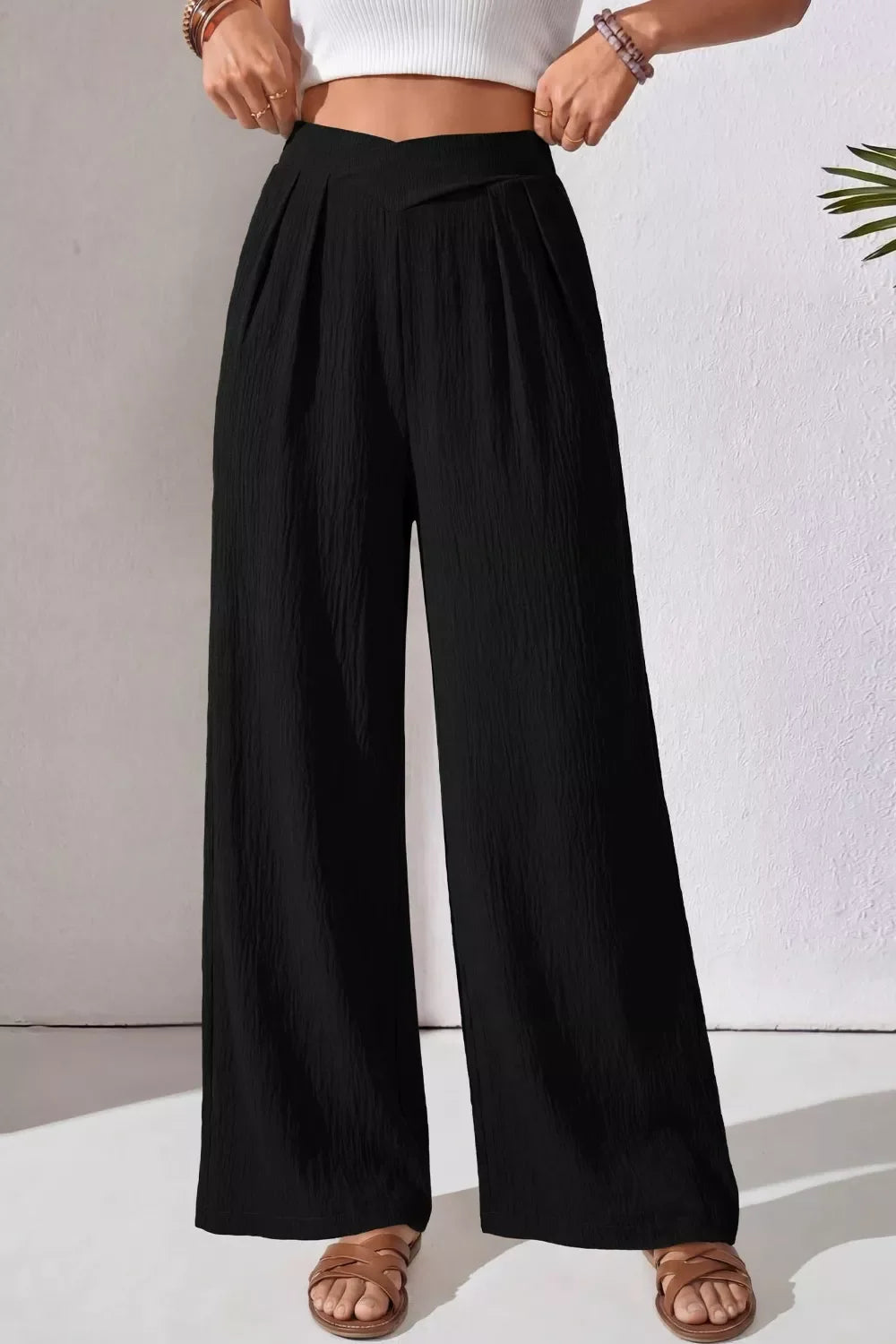Solid Color Textured Crossed Waist Loose Pants