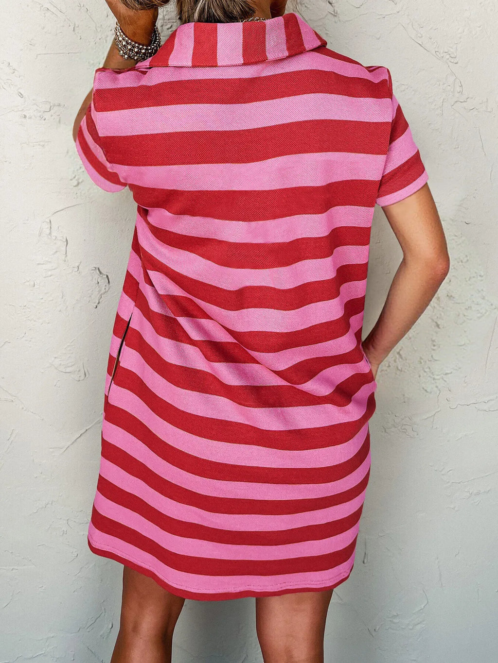 Striped Johnny Collar Short Sleeve Dress