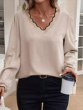 Contrast Scallop Trim V Neck Long Sleeve Blouse