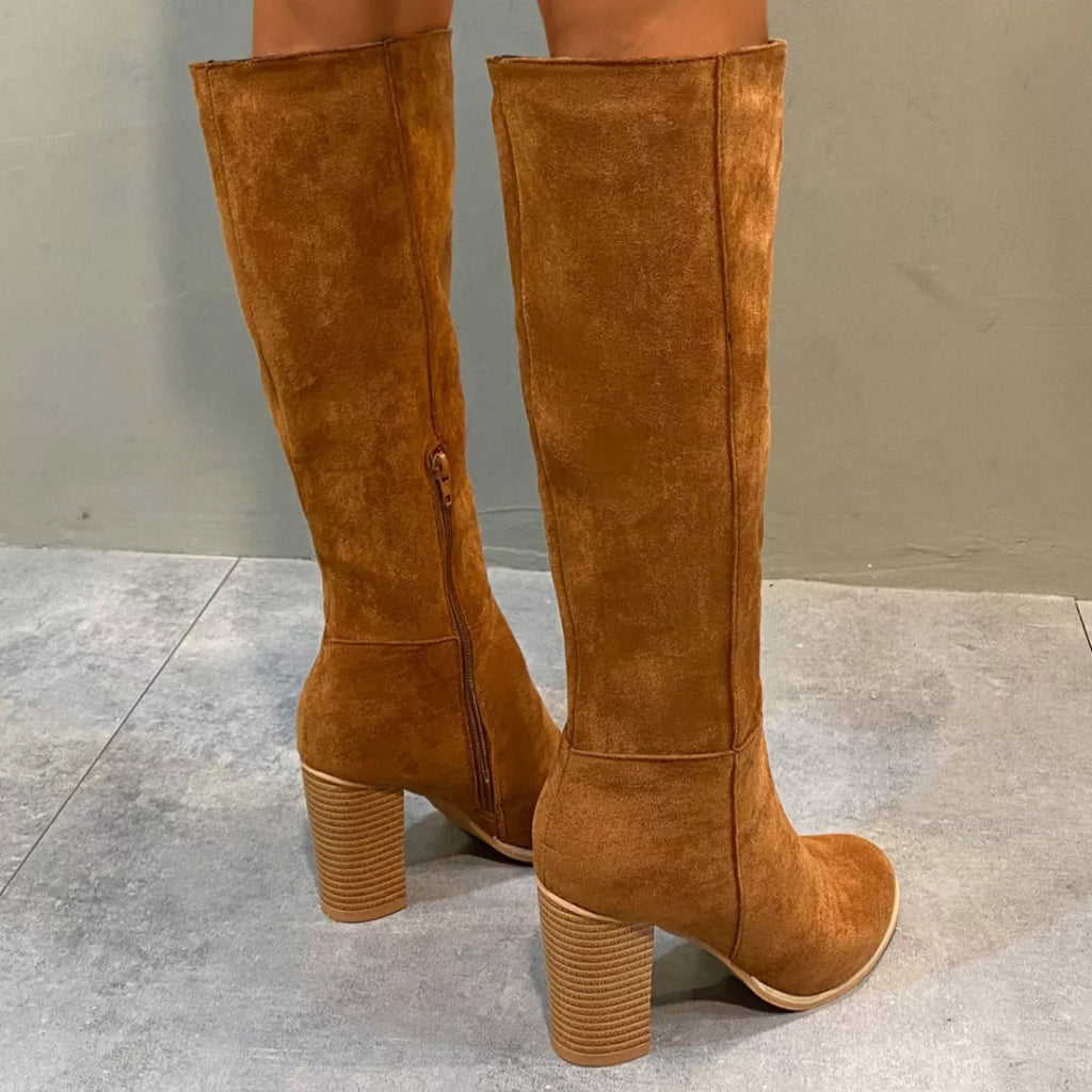 Point Toe Knee-High Suede Block Heel Boots
