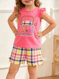 Children's Cartoon Graphic Ruffle Trim Tee & Plaid Shorts Set