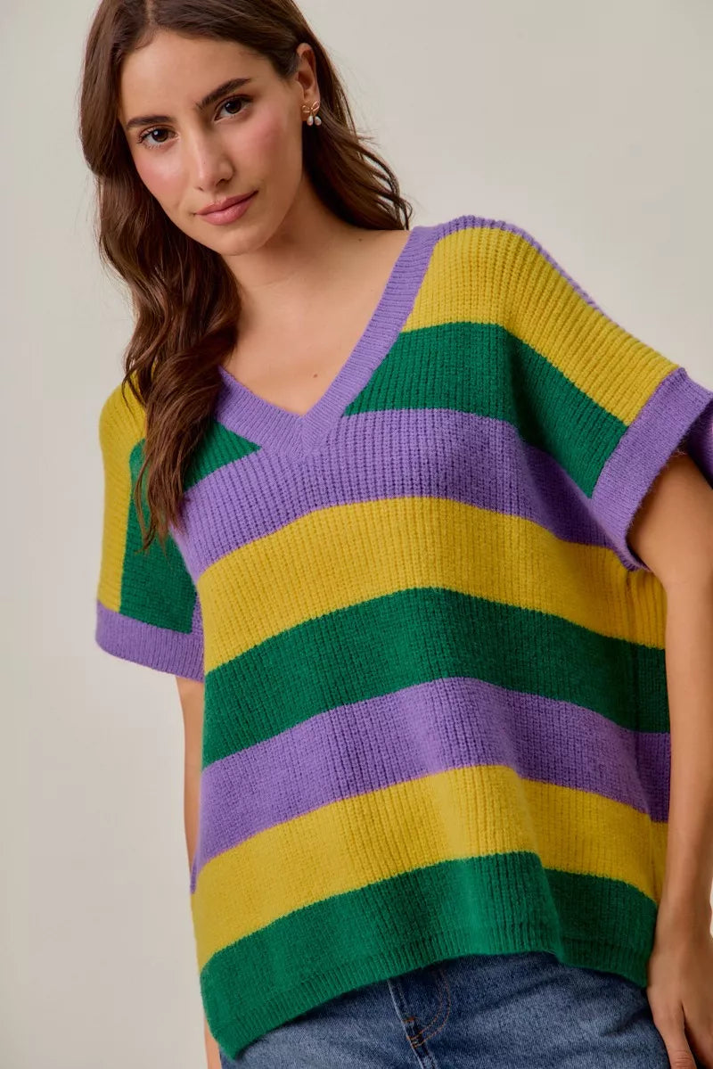 SO ME Mardi Gras Loose Fit V Neck Stripe Sweater Top