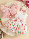 Children's Bunny Print Dress with Ruffle Cardigan & Headband Set