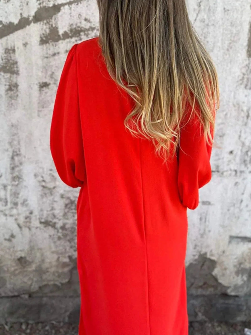 Full Size Slit V-Neck Balloon Sleeve Midi Dress Plus Size
