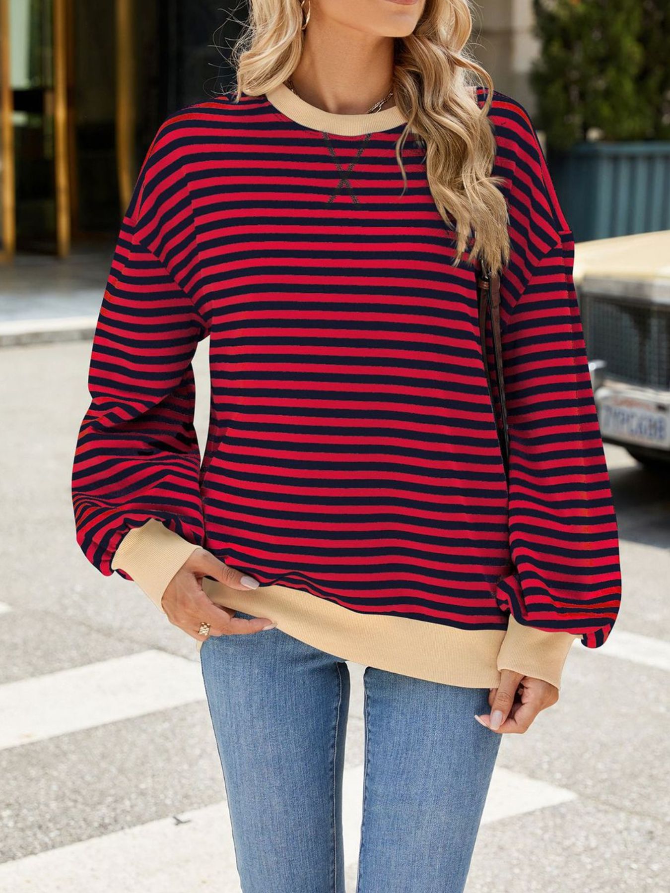 Striped Crew Neck Long Sleeve Sweatshirt