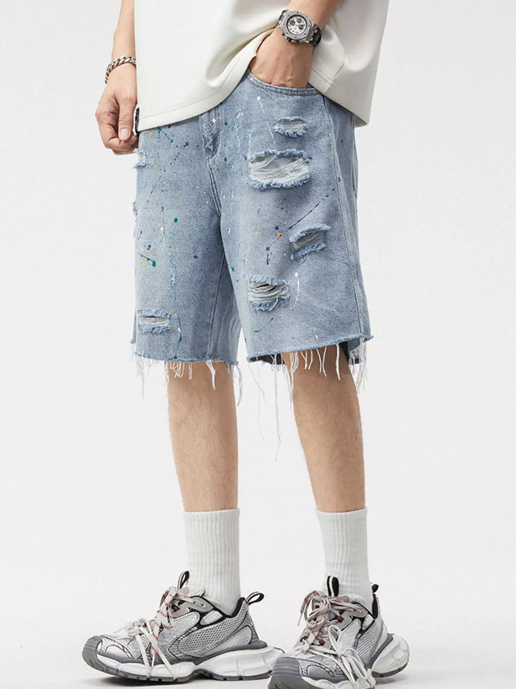 Men's Distressed Paint Splatter Denim Shorts