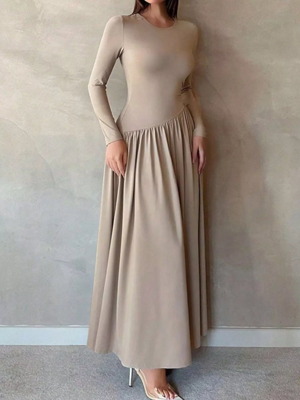 Long Sleeve Ruched A-Line Maxi Dress