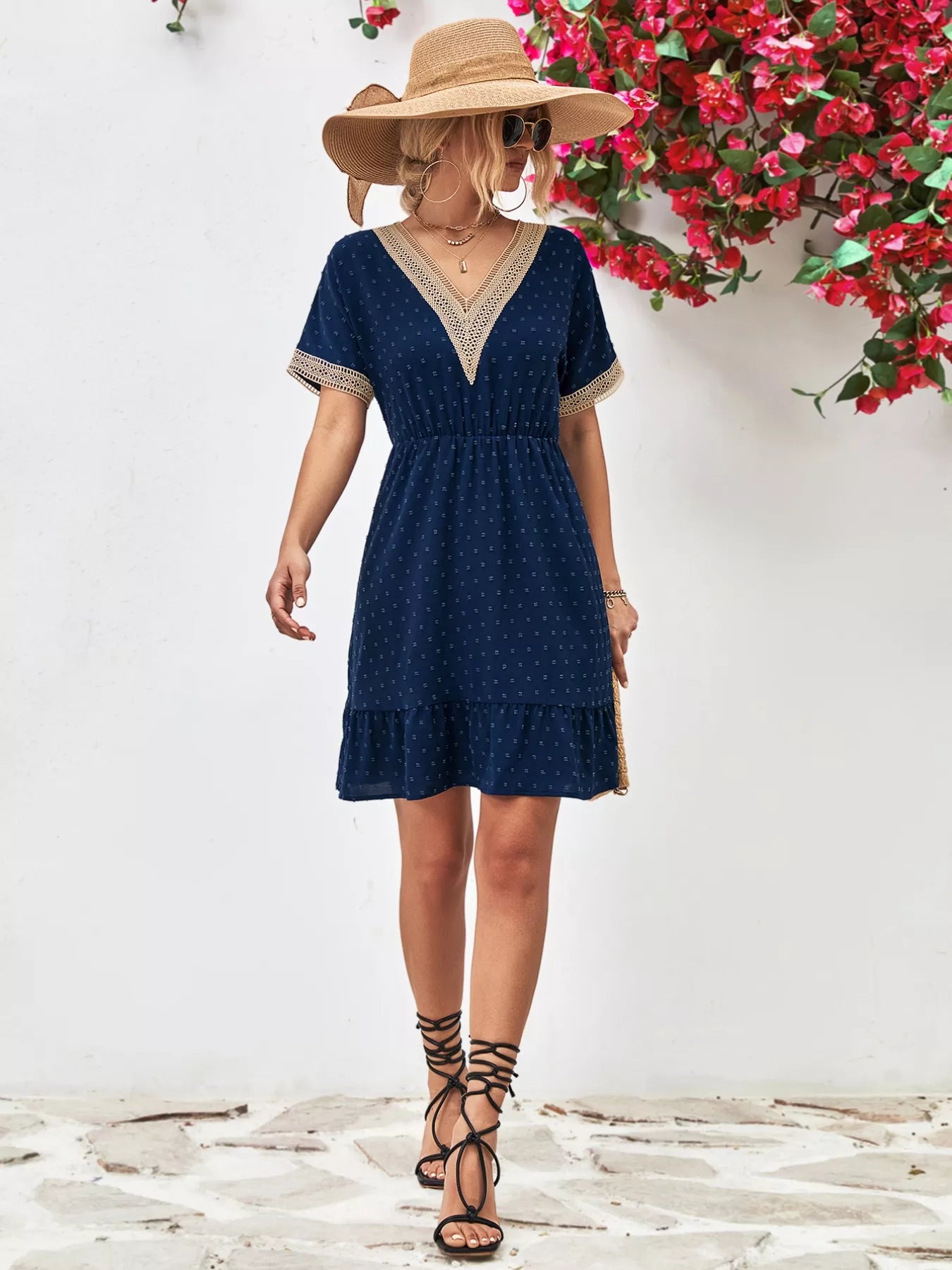 V-Neck Swiss Dot Ruffle Hem Mini Dress