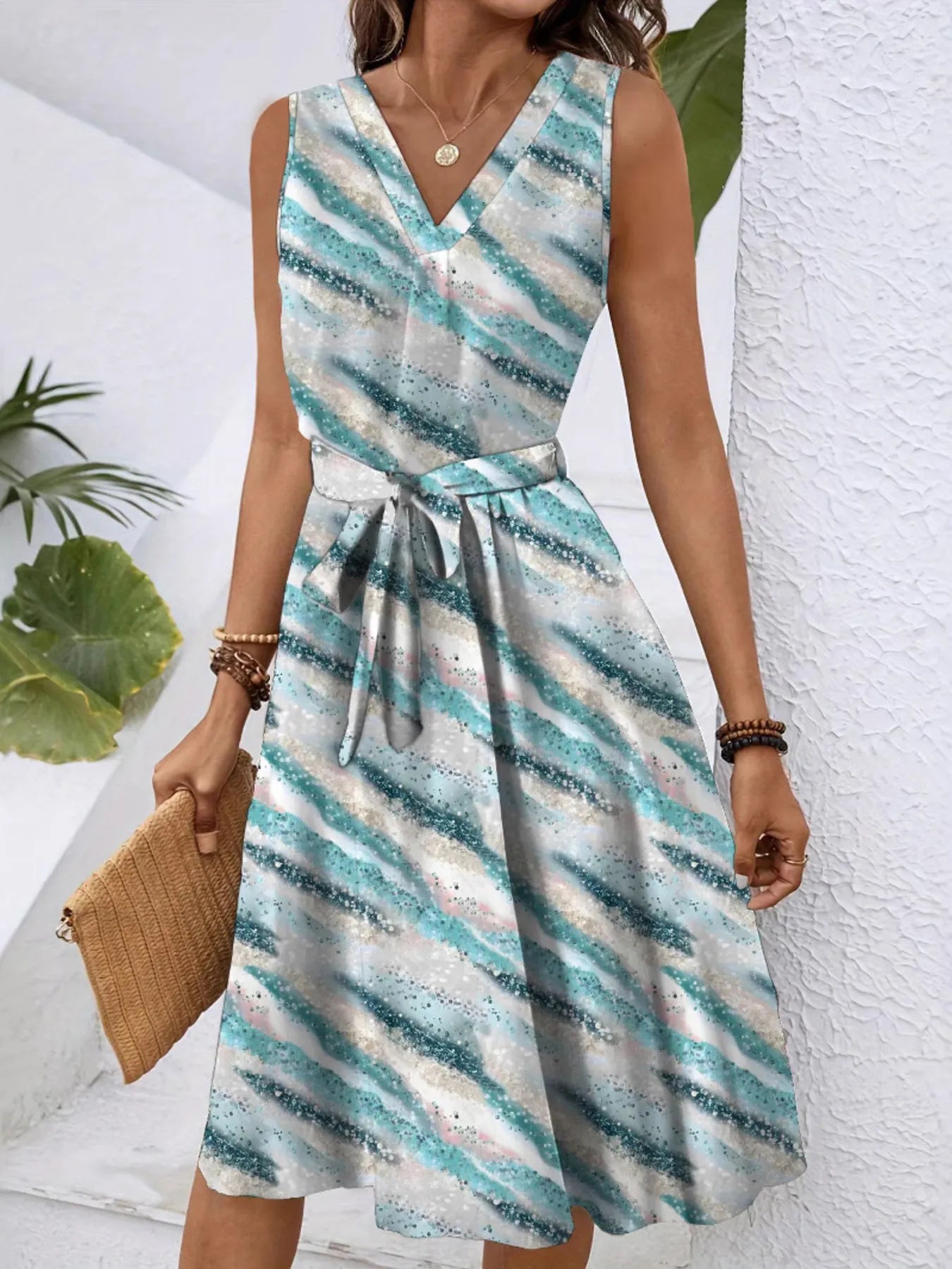 V-Neck Sleeveless Tie Waist Dress