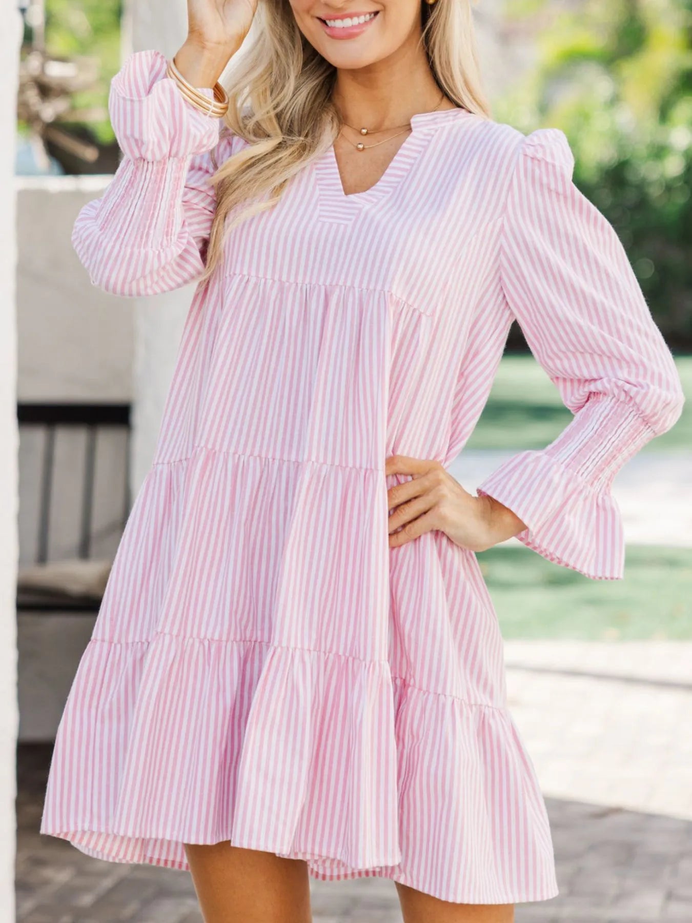 Striped Tiered Flounce Sleeve Shirt Dress