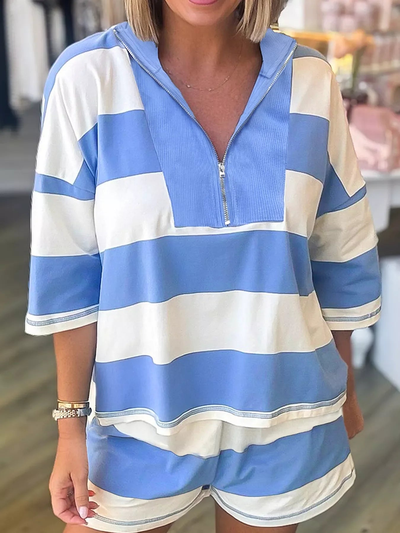 Stripe Seam Detail Half Zip Oversize Tee Casual Shorts 2pcs Set