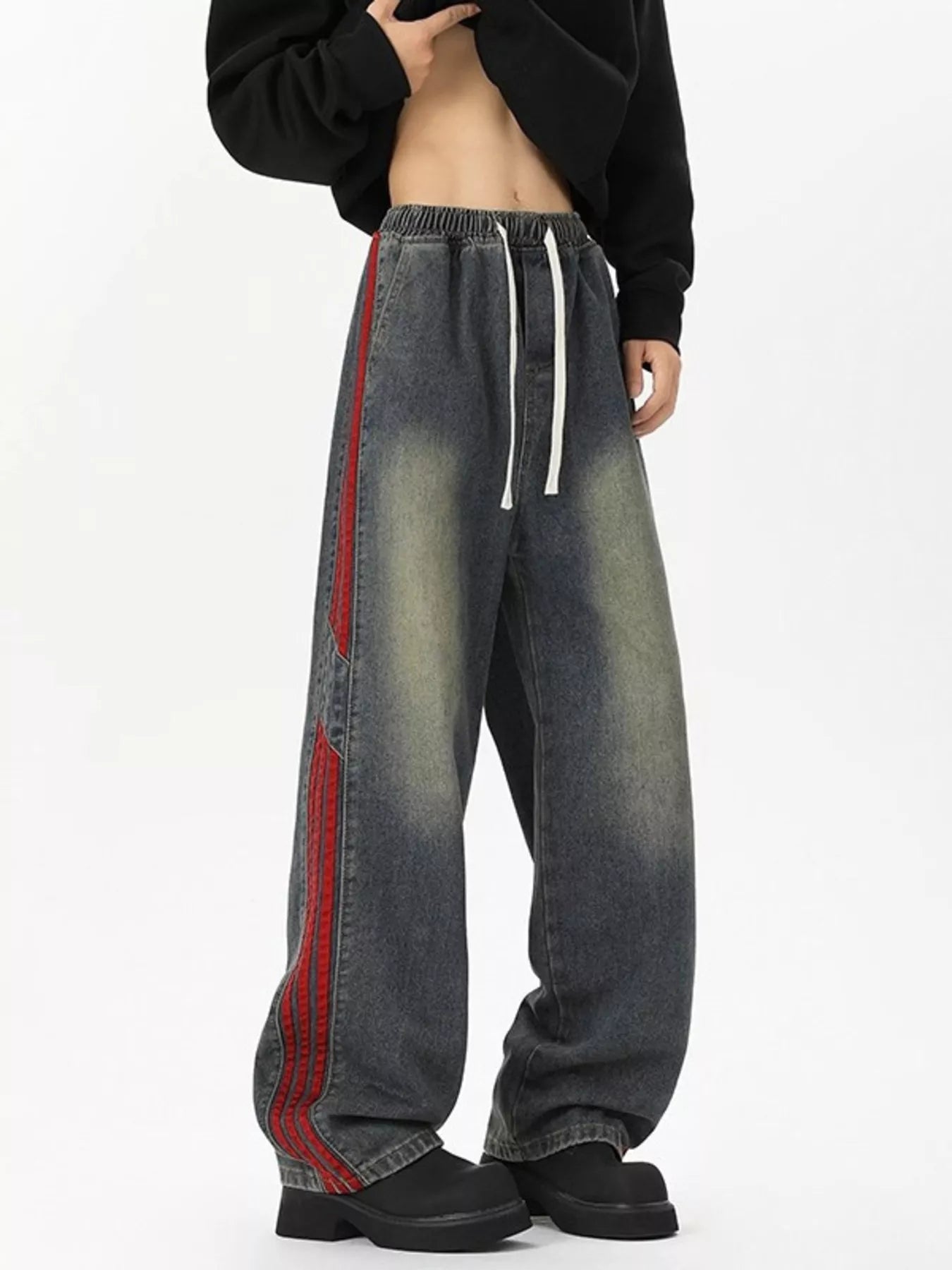 Men's Full Size Wash Wide-Leg Jeans with Stripe Plus Size