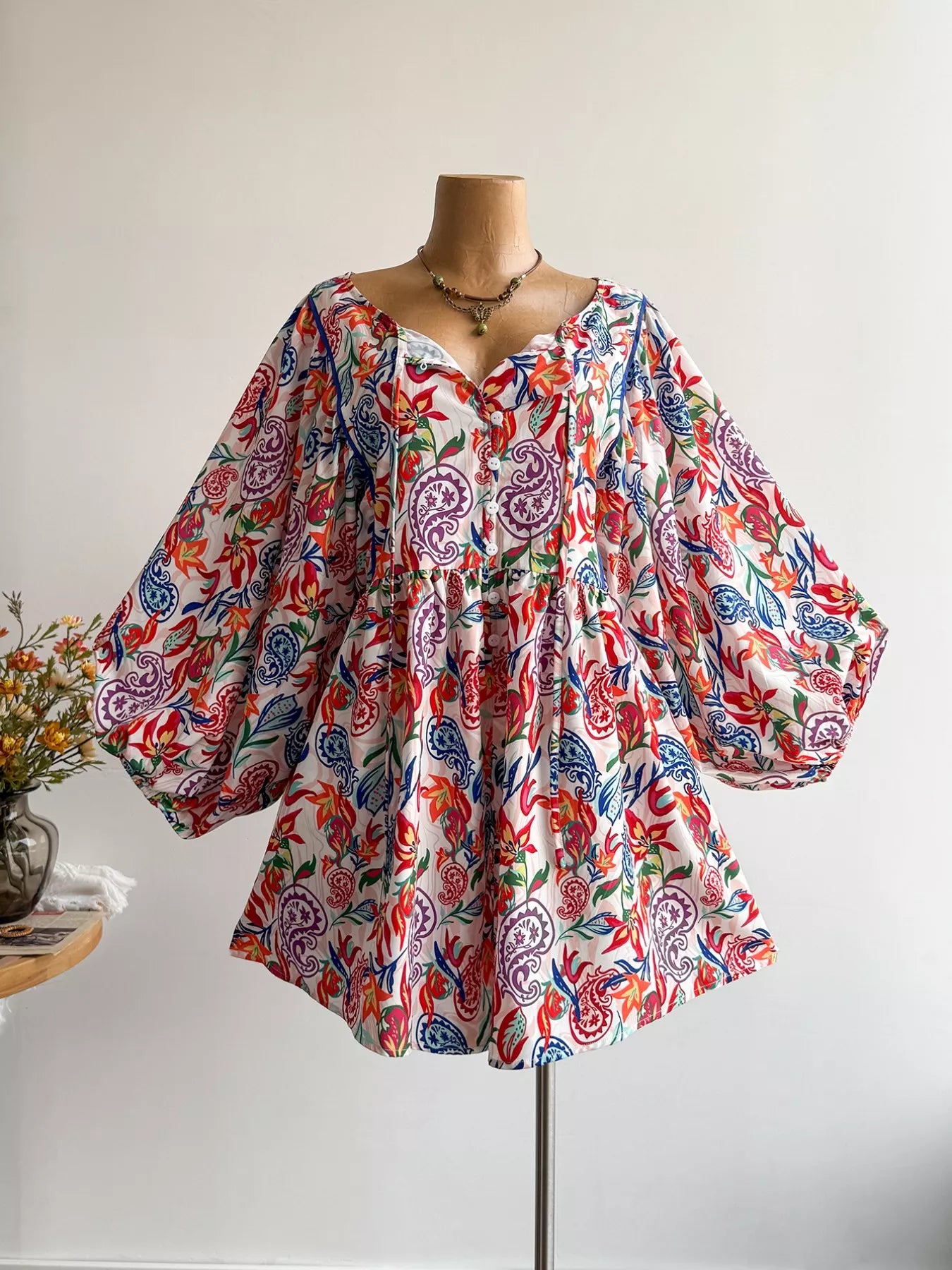 Plus Size Boho Floral Print Button-Down Romper