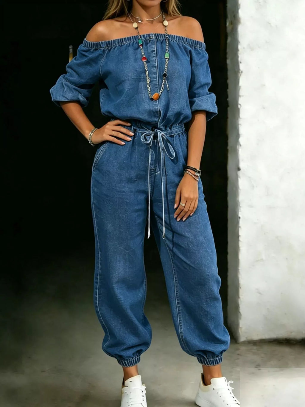 Off Shoulder Jumpsuit with Pockets