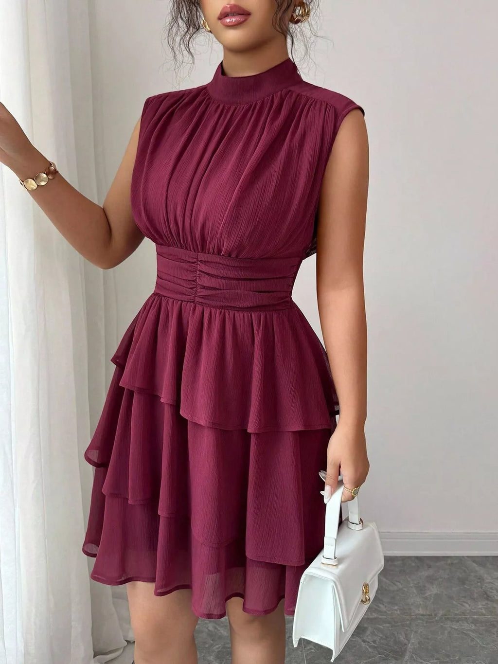 Sleeveless Mock Neck Layered Ruffle Dress