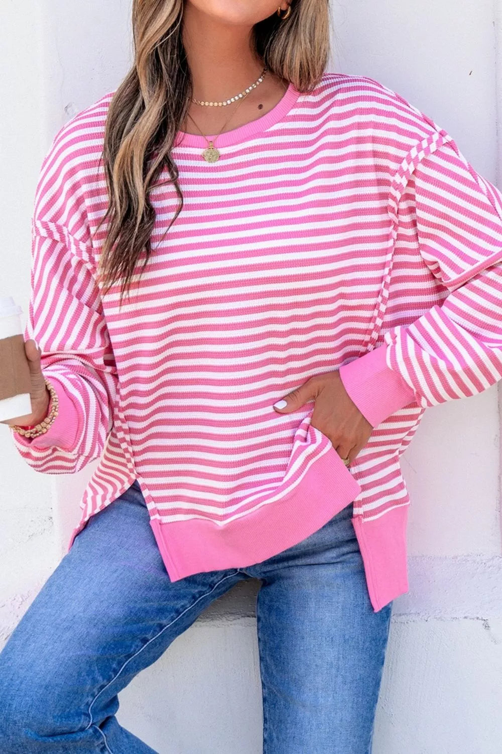 Stripe Textured Knit Color Block Trim Split Hem Long Sleeve Top