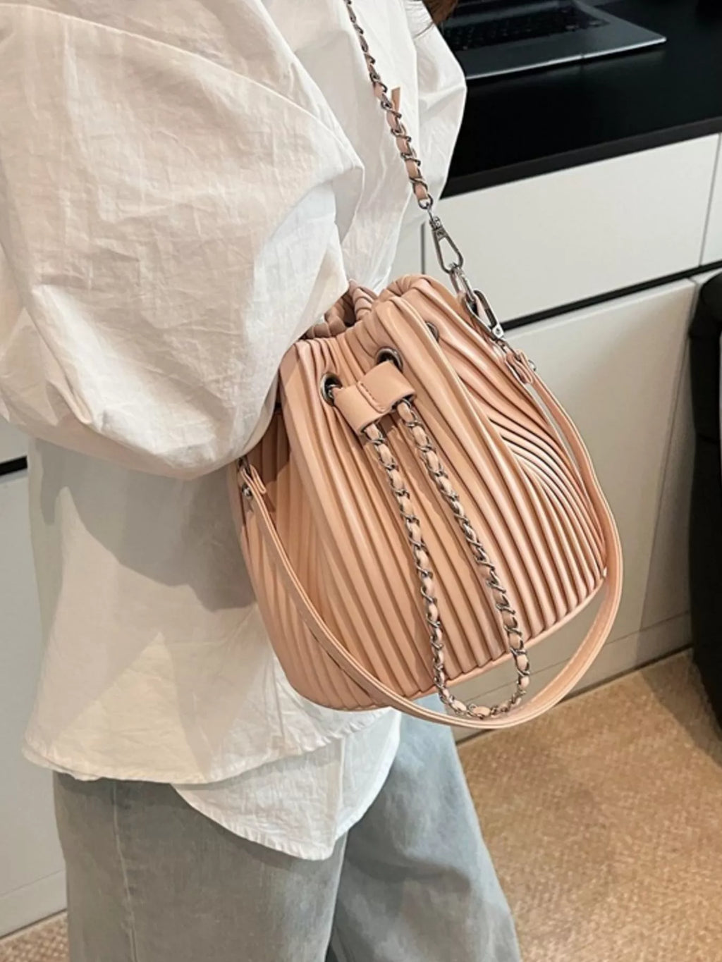 Pleated Bucket Crossbody Bag