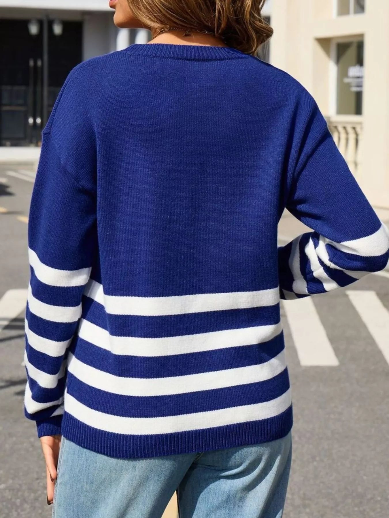 Striped Trim Crew Neck Sweater
