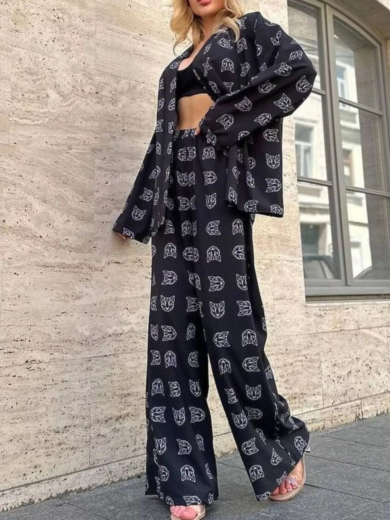 Open Front Cat Print Shirt and Pants Set