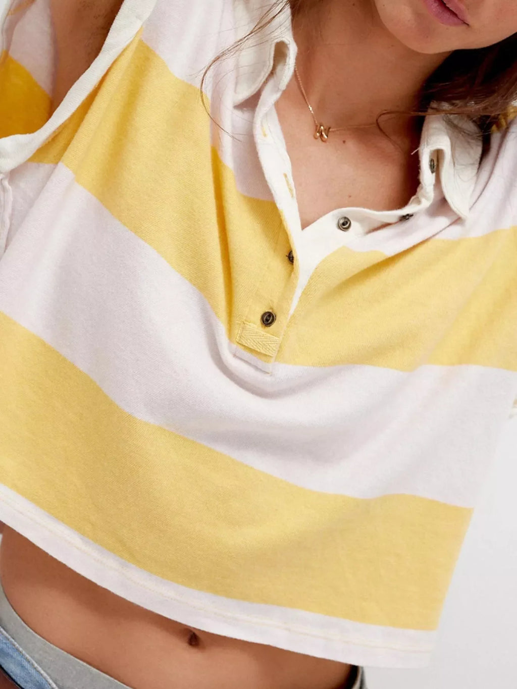 Half Button Striped Short Sleeve Cropped Polo Shirt