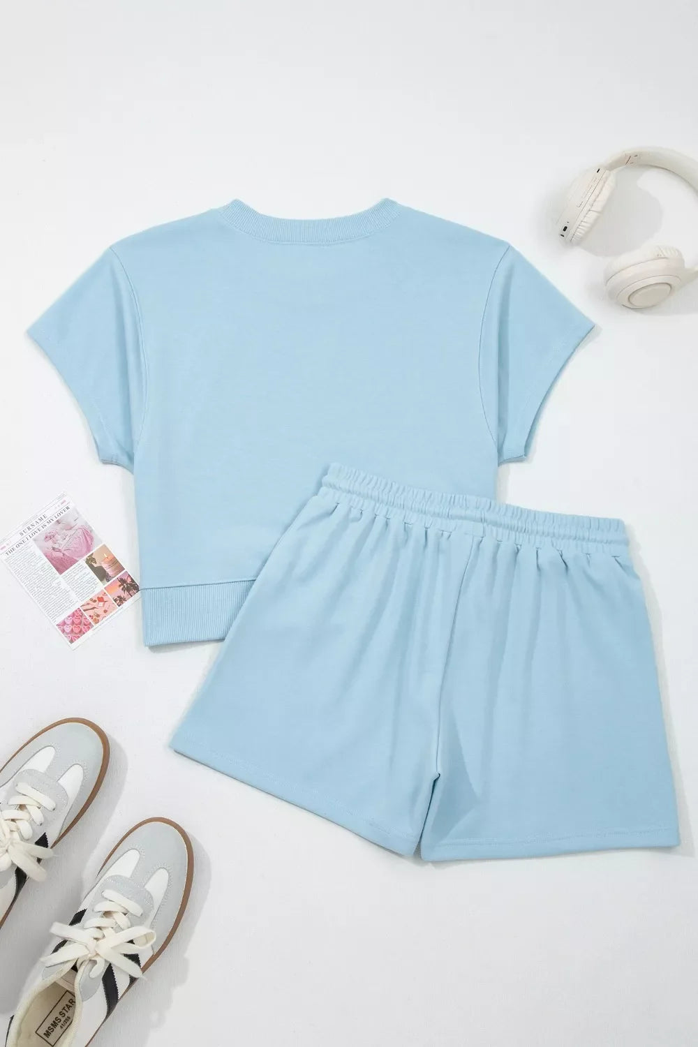 Solid Color Loose Tee Drawstring Shorts 2pcs Outfit Set