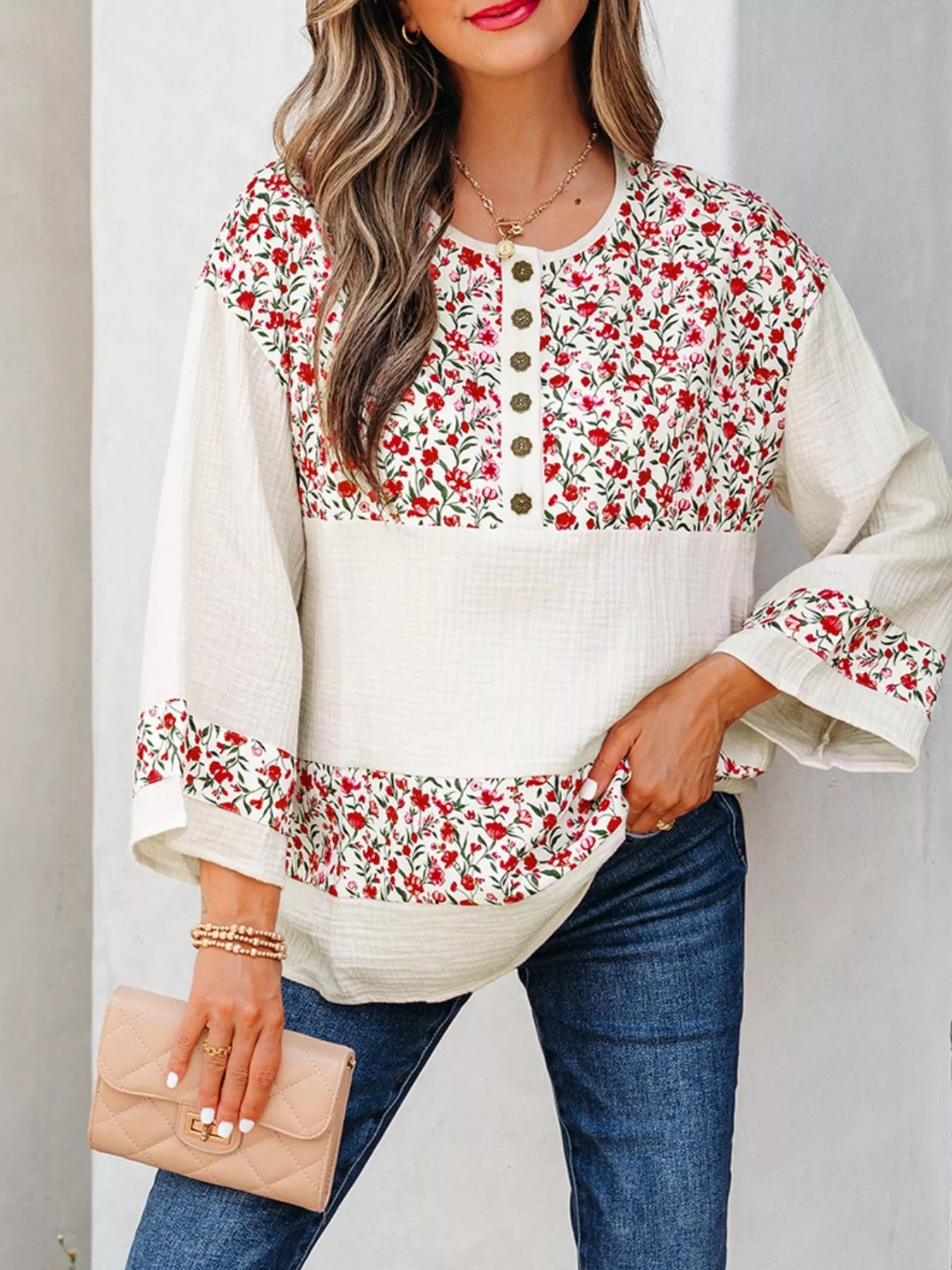 Floral Print Henley Button 3/4 Sleeve Blouse