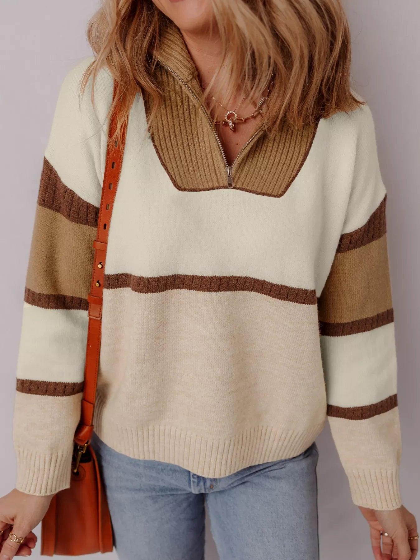 Color Block Zipped Collared Sweater